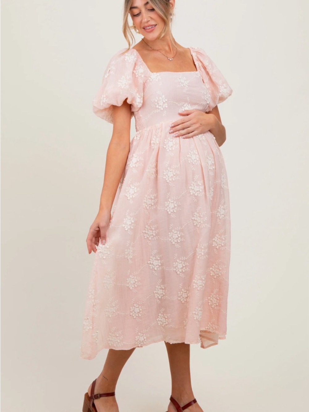 Blush Pink Puff-Sleeve Floral Midi Dress
